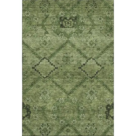 Olive Green And Gray Floral Washable Area Rug With UV Protection Photo 1