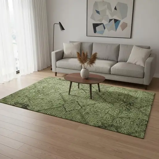 Olive Green And Gray Floral Washable Area Rug With UV Protection Photo 2