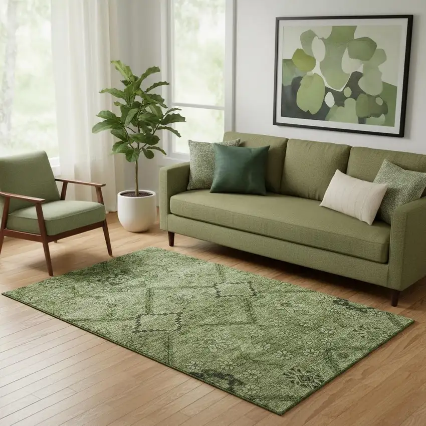Olive Green And Gray Floral Washable Area Rug With UV Protection Photo 1