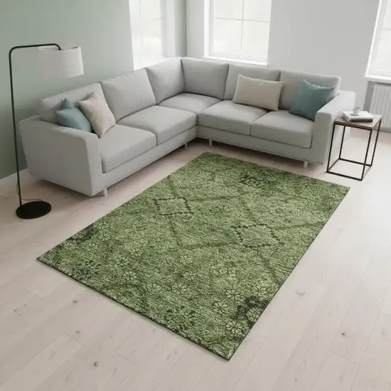 Olive Green And Gray Floral Washable Area Rug With UV Protection Photo 2