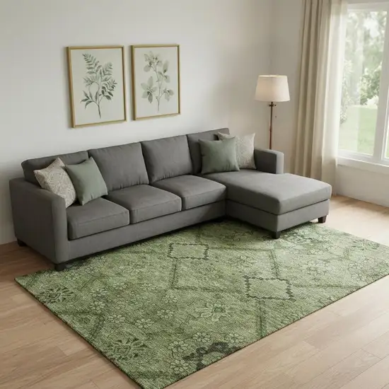 Olive Green And Gray Floral Washable Area Rug With UV Protection Photo 1