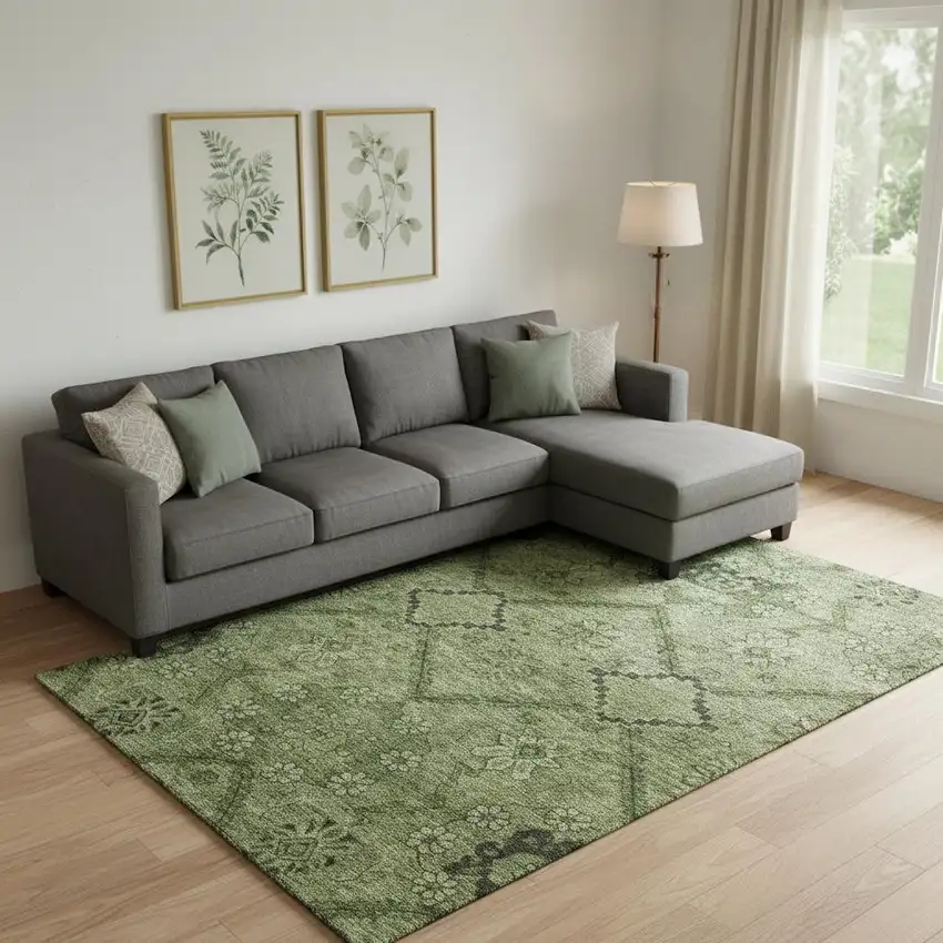 Olive Green And Gray Floral Washable Area Rug With UV Protection Photo 1