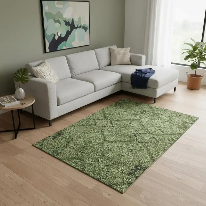 Olive Green And Gray Floral Washable Area Rug With UV Protection Photo 2