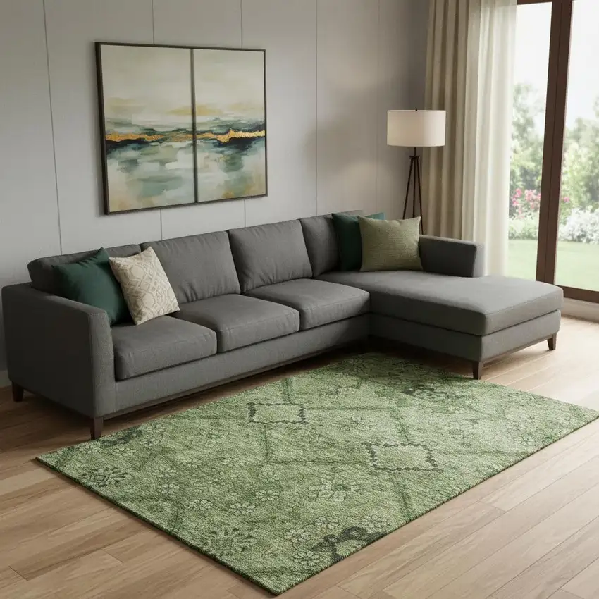 Olive Green And Gray Floral Washable Area Rug With UV Protection Photo 1