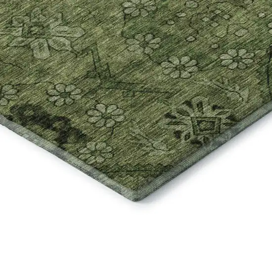 Olive Green And Gray Floral Washable Area Rug With UV Protection Photo 8