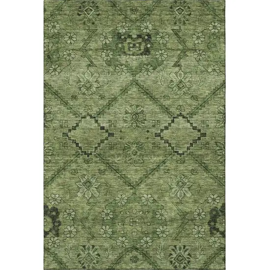 Olive Green And Gray Floral Washable Area Rug With UV Protection Photo 4