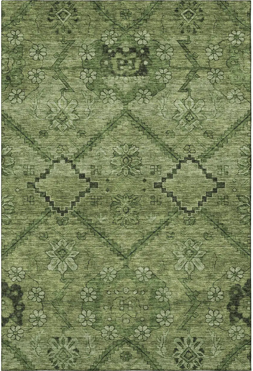 Olive Green And Gray Floral Washable Area Rug With UV Protection Photo 4