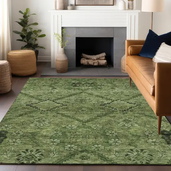 Olive Green And Gray Floral Washable Area Rug With UV Protection Photo 6