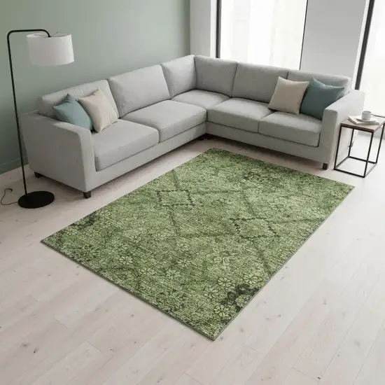 Olive Green And Gray Floral Washable Area Rug With UV Protection Photo 2