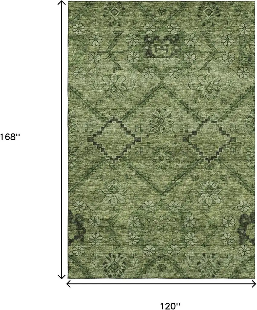 Olive Green And Gray Floral Washable Area Rug With UV Protection Photo 3