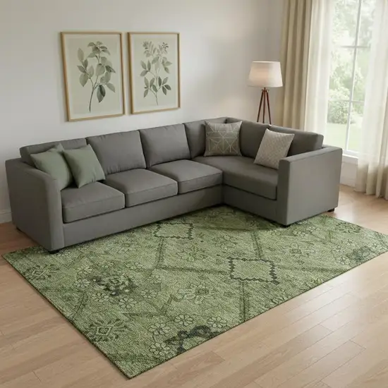 Olive Green And Gray Floral Washable Area Rug With UV Protection Photo 1