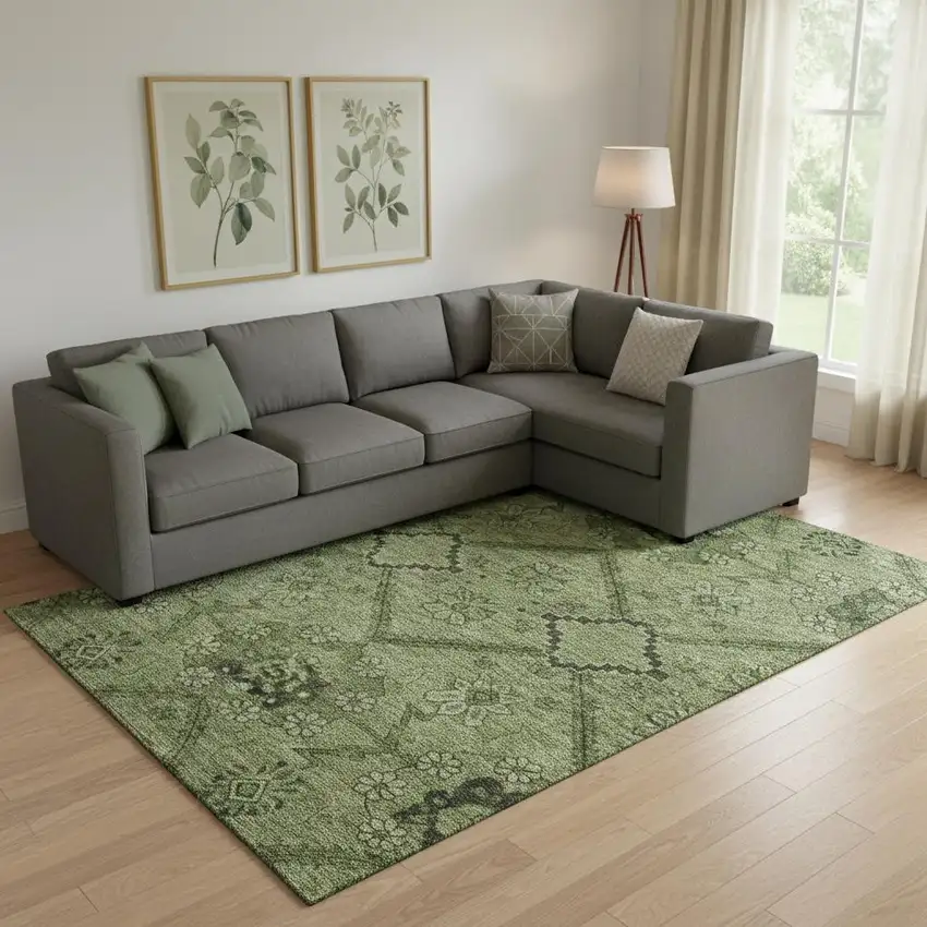 Olive Green And Gray Floral Washable Area Rug With UV Protection Photo 1