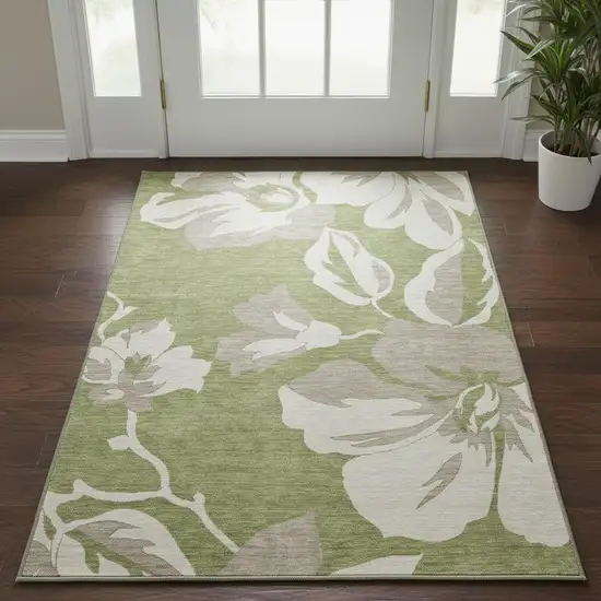 Olive Green And Gray Floral Washable Area Rug With UV Protection Photo 2