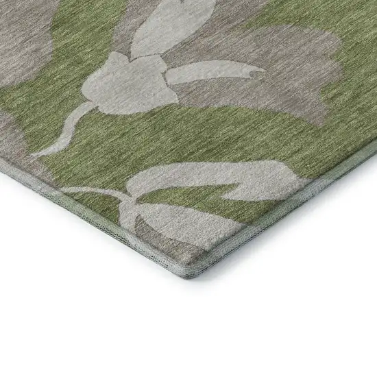 Olive Green And Gray Floral Washable Area Rug With UV Protection Photo 8