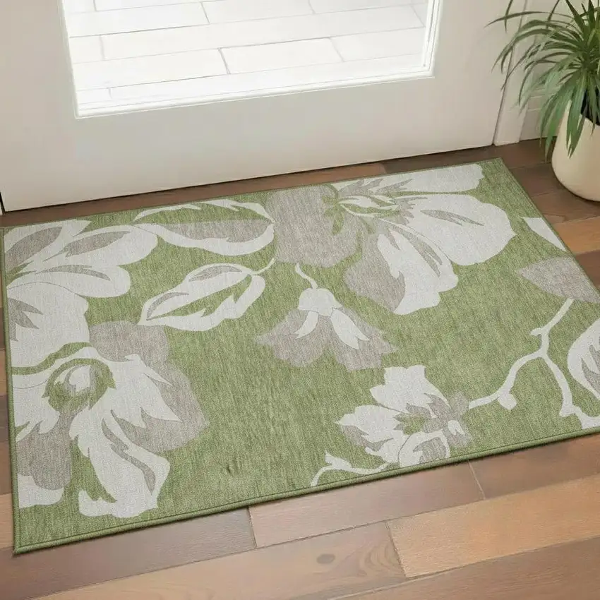 Olive Green And Gray Floral Washable Area Rug With UV Protection Photo 1