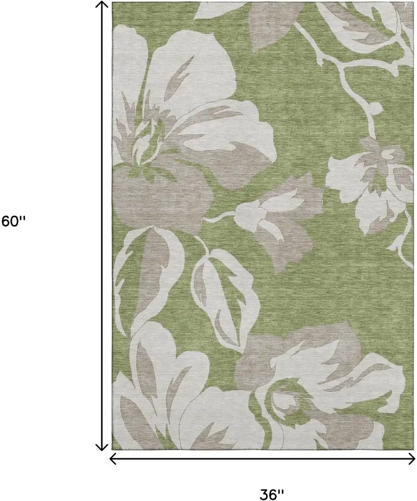 Olive Green And Gray Floral Washable Area Rug With UV Protection Photo 3