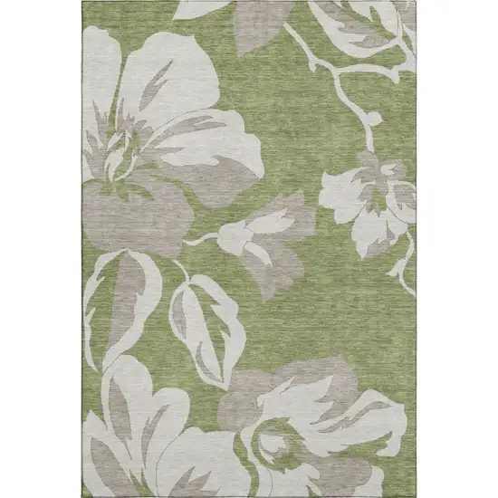 Olive Green And Gray Floral Washable Area Rug With UV Protection Photo 1