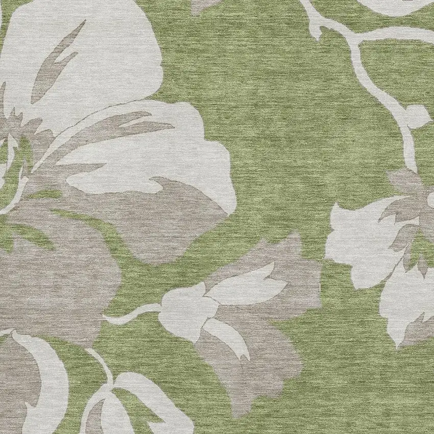 Olive Green And Gray Floral Washable Area Rug With UV Protection Photo 3