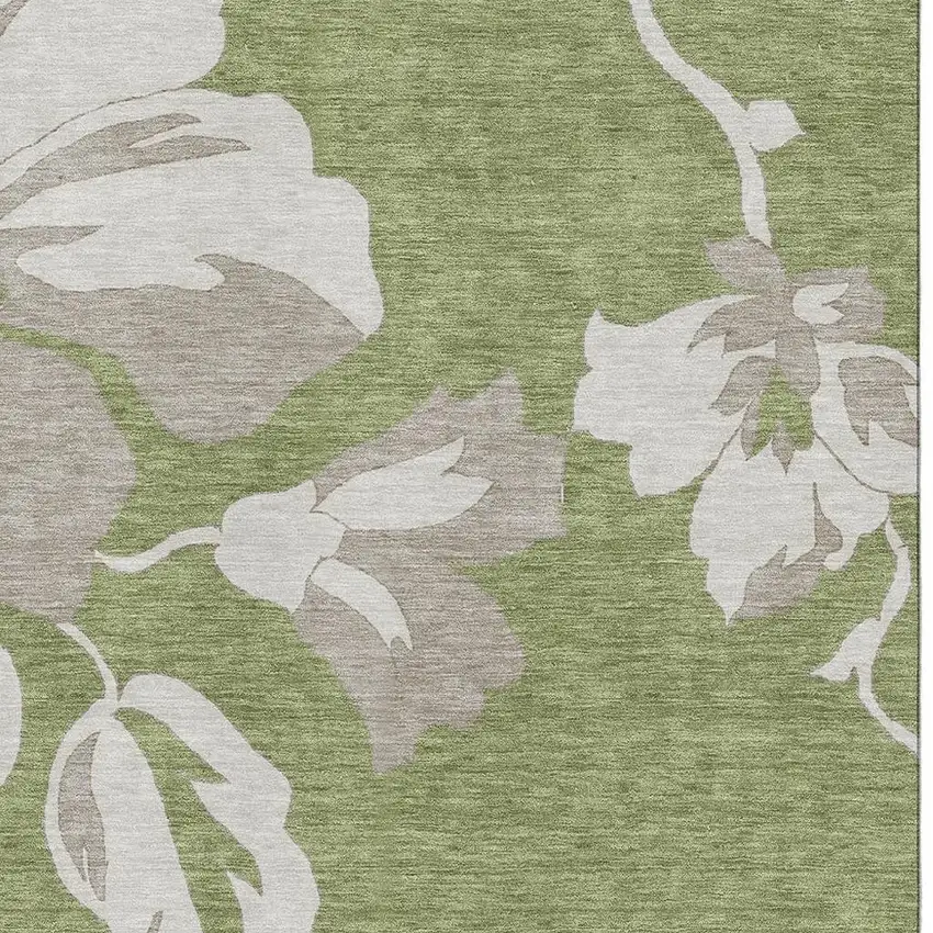 Olive Green And Gray Floral Washable Area Rug With UV Protection Photo 3