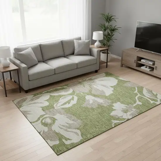 Olive Green And Gray Floral Washable Area Rug With UV Protection Photo 2