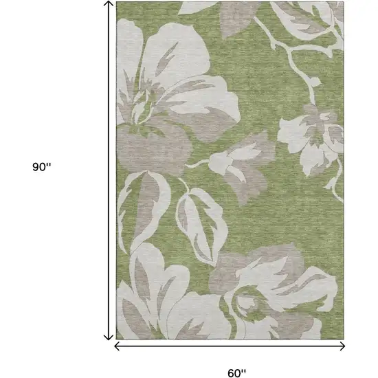 Olive Green And Gray Floral Washable Area Rug With UV Protection Photo 8