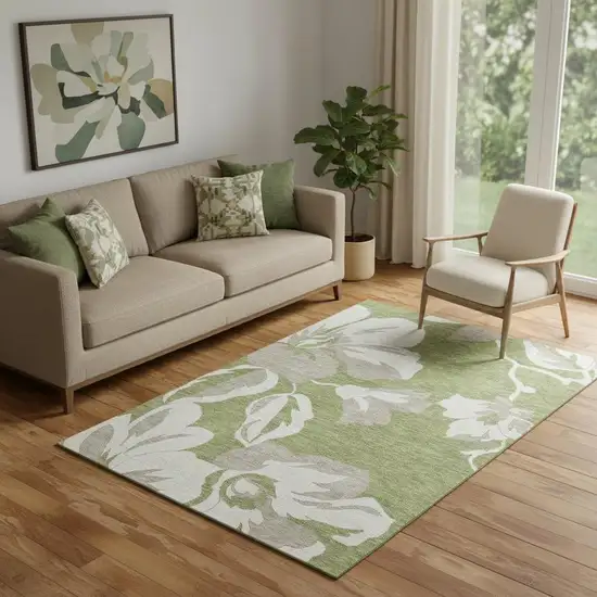 Olive Green And Gray Floral Washable Area Rug With UV Protection Photo 1