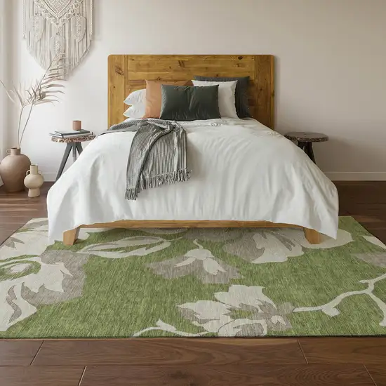 Olive Green And Gray Floral Washable Area Rug With UV Protection Photo 6