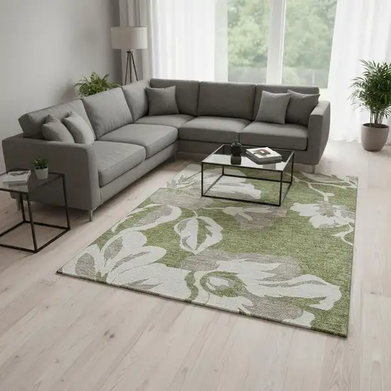 Olive Green And Gray Floral Washable Area Rug With UV Protection Photo 2