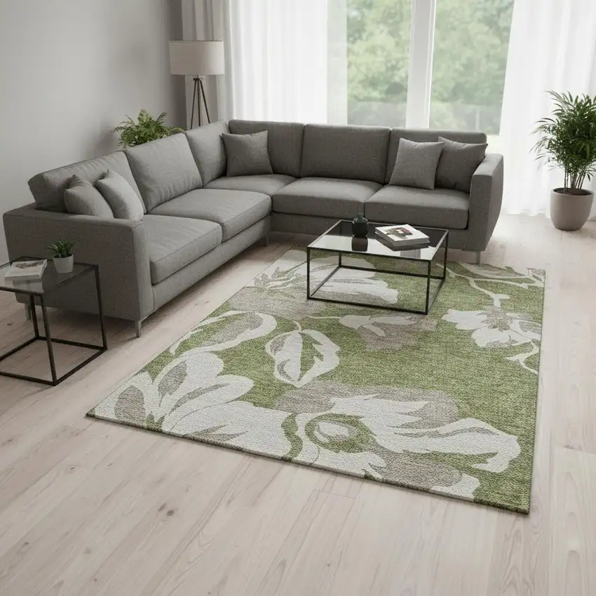 Olive Green And Gray Floral Washable Area Rug With UV Protection Photo 2
