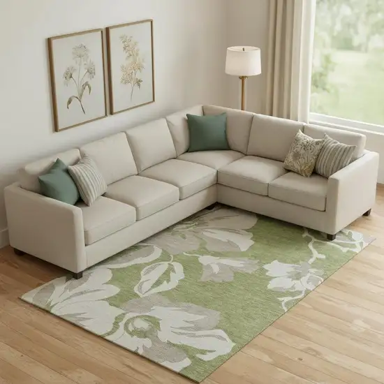 Olive Green And Gray Floral Washable Area Rug With UV Protection Photo 1