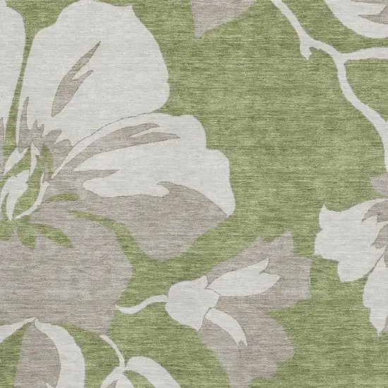 Olive Green And Gray Floral Washable Area Rug With UV Protection Photo 3