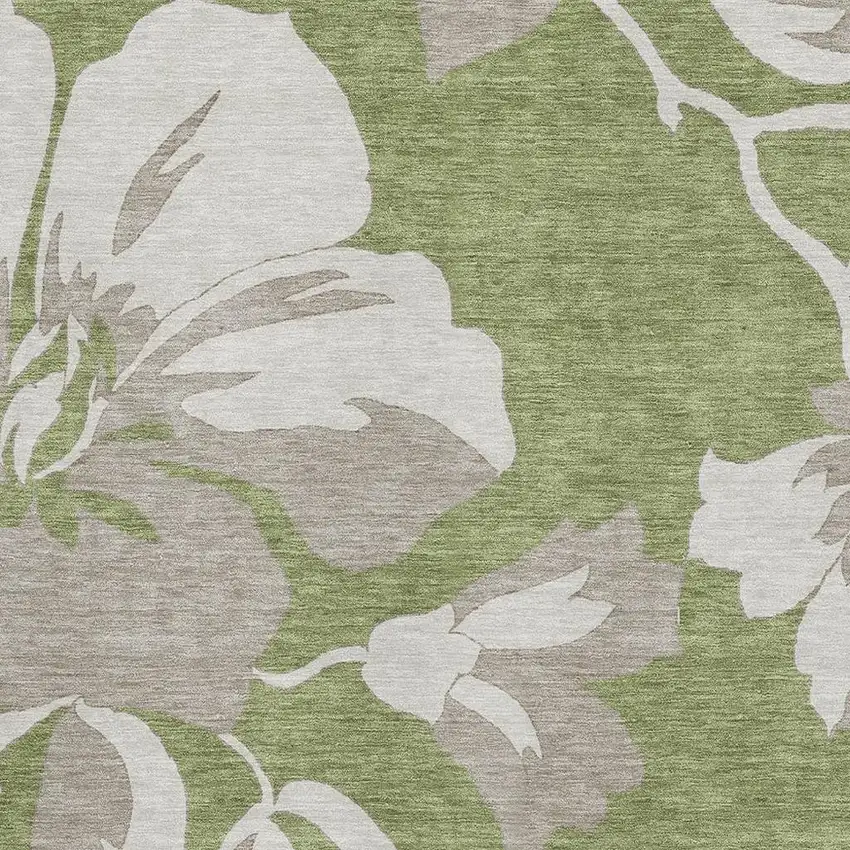 Olive Green And Gray Floral Washable Area Rug With UV Protection Photo 3