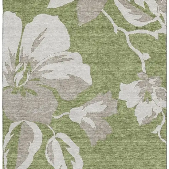 Olive Green And Gray Floral Washable Area Rug With UV Protection Photo 3