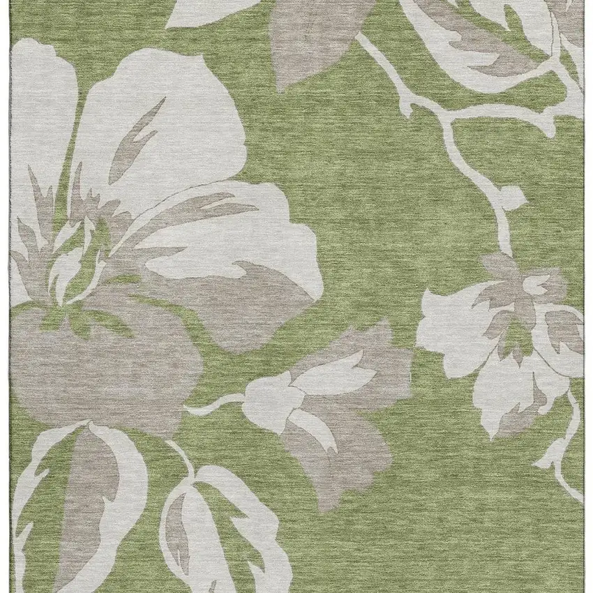 Olive Green And Gray Floral Washable Area Rug With UV Protection Photo 3