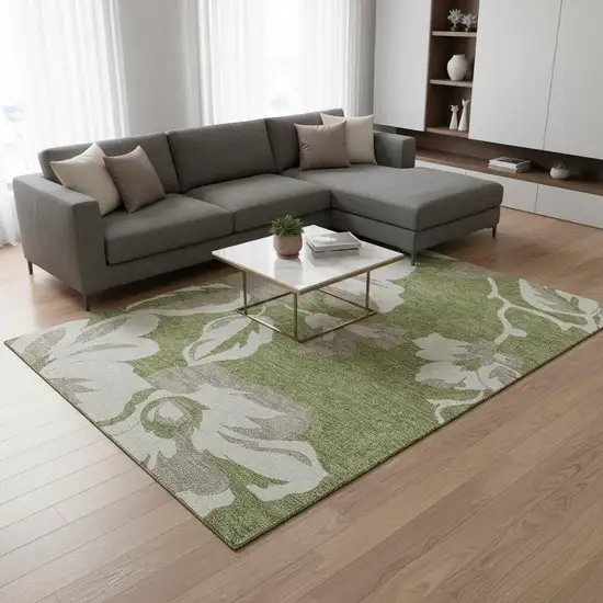 Olive Green And Gray Floral Washable Area Rug With UV Protection Photo 2