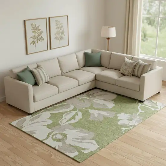 Olive Green And Gray Floral Washable Area Rug With UV Protection Photo 1