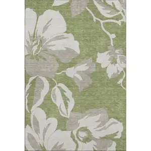 Photo of Olive Green And Gray Floral Washable Area Rug With UV Protection