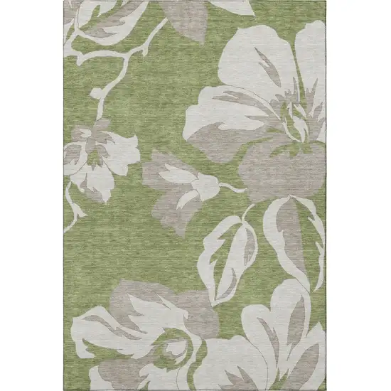 Olive Green And Gray Floral Washable Area Rug With UV Protection Photo 4
