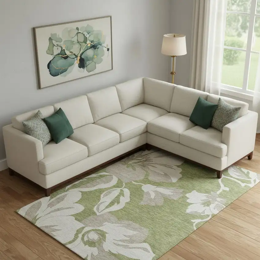 Olive Green And Gray Floral Washable Area Rug With UV Protection Photo 1