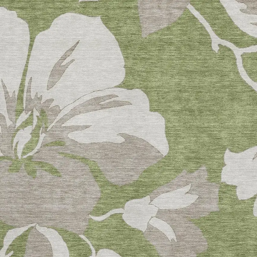 Olive Green And Gray Floral Washable Area Rug With UV Protection Photo 3