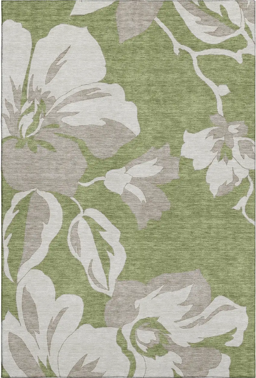 Olive Green And Gray Floral Washable Area Rug With UV Protection Photo 1