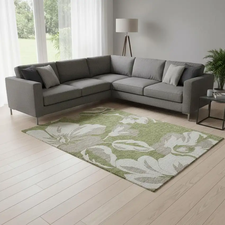 Olive Green And Gray Floral Washable Area Rug With UV Protection Photo 2