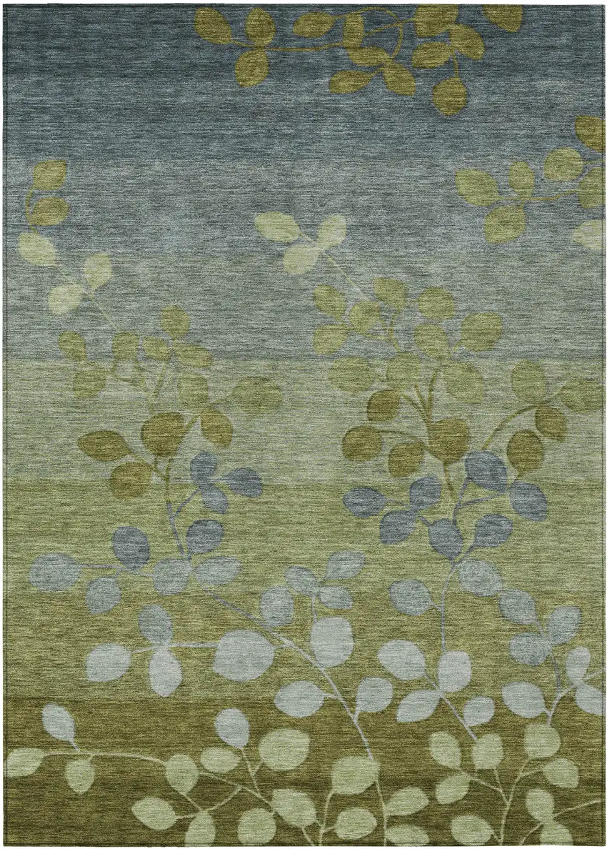Olive Green And Gray Floral Washable Indoor Outdoor Area Rug Photo 1
