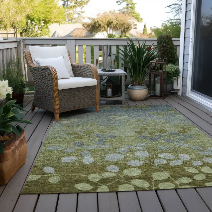 Olive Green And Gray Floral Washable Indoor Outdoor Area Rug Photo 5
