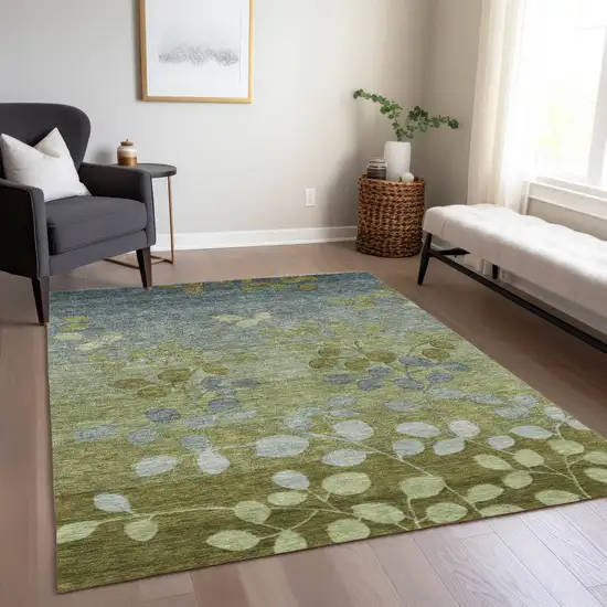 Olive Green And Gray Floral Washable Indoor Outdoor Area Rug Photo 7