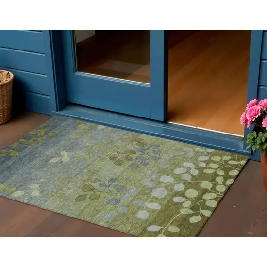 Olive Green And Gray Floral Washable Indoor Outdoor Area Rug Photo 2