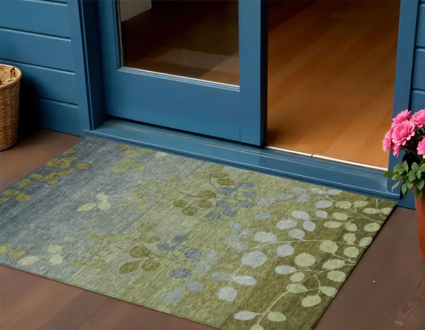 Olive Green And Gray Floral Washable Indoor Outdoor Area Rug Photo 2