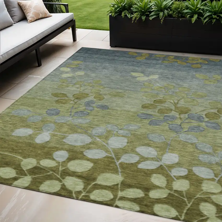 Olive Green And Gray Floral Washable Indoor Outdoor Area Rug Photo 2