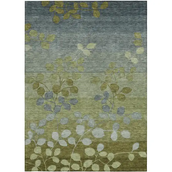 Olive Green And Gray Floral Washable Indoor Outdoor Area Rug Photo 3