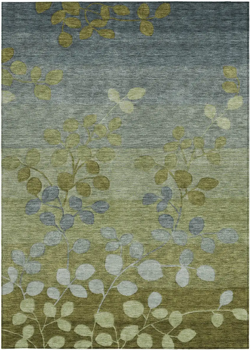 Olive Green And Gray Floral Washable Indoor Outdoor Area Rug Photo 4
